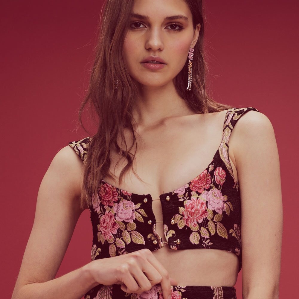 Brocade Crop Top in Black Floral For Love & Lemons